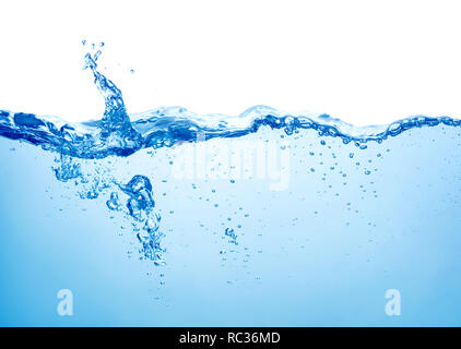 pure blue water with air bubbles underwater and splash on white background Stock Photo