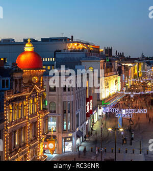 Northumberland Street at dusk at Christmas, Newcastle upon Tyne, North East England, England, United Kingdom Stock Photo