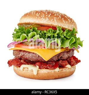 single fresh burger with cheese and bacon isolated on white background Stock Photo