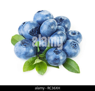 heap of fresh ripe organic blueberry with leaves isolated on white background Stock Photo