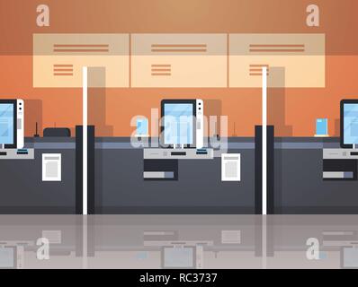 row self service machines payment terminal windows financial operations concept banking equipment modern bank office interior horizontal flat vector i Stock Vector