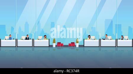 men women cashiers sitting at cash desk windows financial currency exchange consulting service concept male female workers modern bank office interior Stock Vector