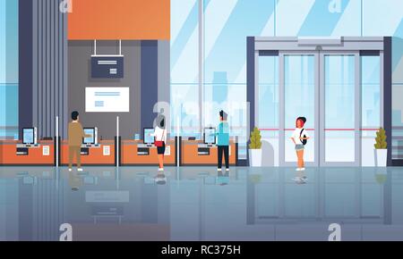 people clients using self service machines payment terminals windows financial operations concept banking equipment modern bank office interior horizo Stock Vector