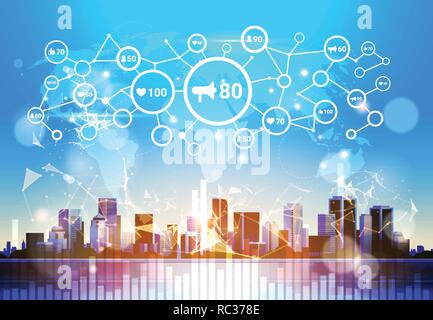 social media icons internet network global connection technology digital share hologram modern city building skyscraper cityscape background horizonta Stock Vector