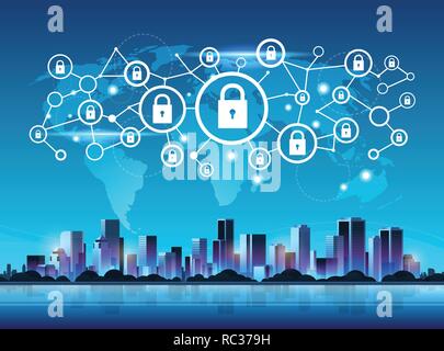 network security system padlock icon business corporate protection network global connection technology hologram modern city building skyscraper citys Stock Vector