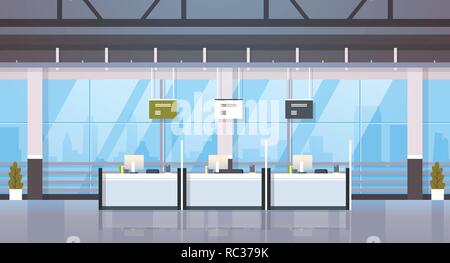 cash desk windows financial currency exchange consulting center concept banking equipment modern bank reception office interior horizontal banner flat Stock Vector