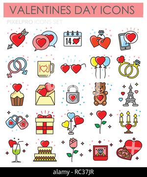 Valentiness day color outline icons set on white background for graphic and web design, Modern simple vector sign. Internet concept. Trendy symbol for website design web button or mobile. Stock Vector