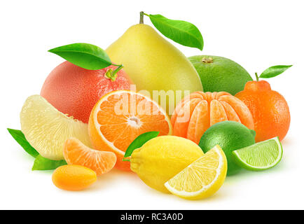 Isolated citrus fruits. Orange, grapefruit, lemon, tangerine, kumquat, lime and pomelo in a multicolored pile isolated on white background with clippi Stock Photo