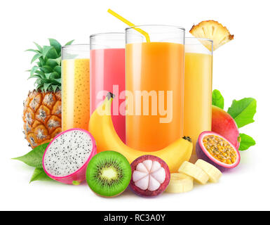 Isolated juices. Glasses of fresh juice and pile of tropical fruits isolated on white background with clipping path Stock Photo