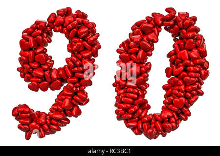 9, 0 numbers from red hearts, 3D rendering isolated on white background Stock Photo