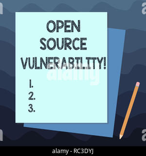 Handwriting text writing Open Source Vulnerability. Concept meaning Publicized Exploits are open to malicious users Stack of Blank Different Pastel Co Stock Photo