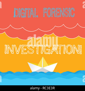 Word writing text Digital Forensic Investigation. Business concept for recovery of information from computers Wave Heavy Clouds and Paper Boat Seascap Stock Photo