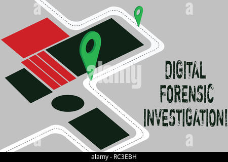 Word writing text Digital Forensic Investigation. Business concept for recovery of information from computers Road Map Navigation Marker 3D Locator Pi Stock Photo