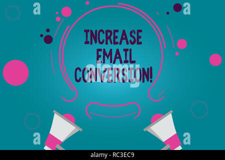 Conceptual hand writing showing Increase Email Conversion. Business photo text Action taking place on your landing page Two Megaphone and Circular Out Stock Photo