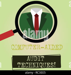 Writing note showing Computer Aided Audit Techniques. Business photo showcasing Using computer to automate IT audit process Magnifying Glass Enlarging Stock Photo