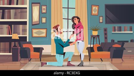 man kneeling holding engagement ring proposing woman marry him happy valentines day concept couple in love marriage offer living room interior horizontal flat Stock Vector
