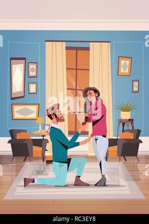 man kneeling holding engagement ring proposing woman marry him couple in love wedding marriage offer happy valentines day concept living room interior vertical Stock Vector
