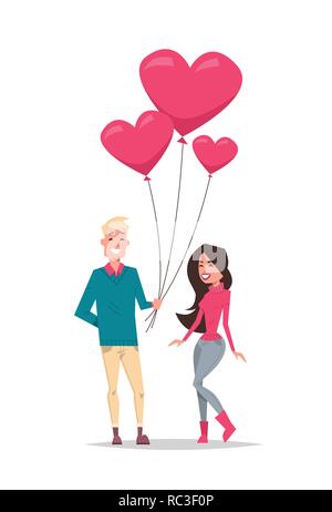 man giving woman pink heart shape air balloons happy valentines day holiday concept young couple in love full length vertical isolated Stock Vector