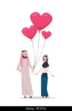 arab man giving woman pink heart shape air balloons happy valentines day holiday concept arabic couple in love full length vertical isolated Stock Vector