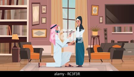 arab man kneeling holding engagement ring proposing arabic woman marry him couple in love wedding marriage offer happy valentines day concept living room interior Stock Vector
