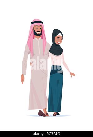 arabic couple in love happy valentines day concept arab man woman embracing walking together cartoon characters full length vertical isolated Stock Vector