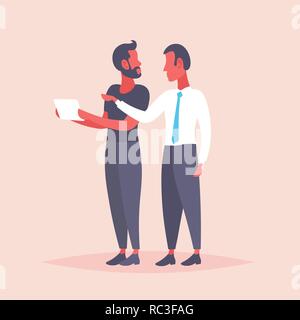 two businessmen meeting discussion using tablet computer business men brainstorming online data report community together flat male characters full length vector illustration Stock Vector