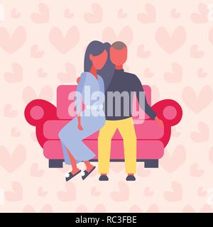 couple in love man woman sitting on couch lovers embracing over heart shapes background happy valentines day holiday celebrating concept flat Stock Vector