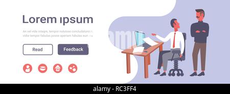businessmen discussing project using laptop at workplace two business men working together successful teamwork brainstorming concept horizontal flat copy space Stock Vector