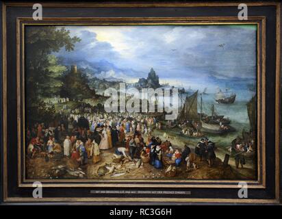 Jan Brueghel the Elder (1568-1625). Flemish painter, Harbour scene with Christ preaching, 1598. Alte Pinakothek. Munich. Germany. Stock Photo