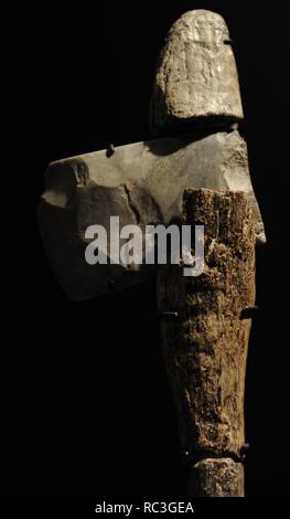 Flint axe on a helve of birch wood. 3600-3400 BC. From Arnakkegard, Western Zealand. National Museum of Denmark. Copenhagen. Denmark. Stock Photo