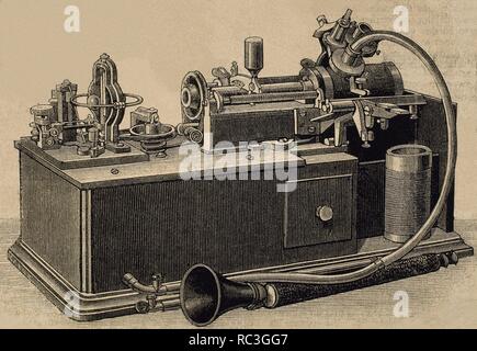 Phonograph invented in 1877 by Thomas Alva Edison (1847-1931).  Engraving, 19th century. Stock Photo