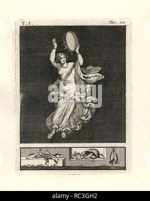 Painting removed from a wall of a room, possibly a triclinium or dining room, in a house in Pompeii in 1749. It shows a bacchant dancer striking a tympanum or tambourine with her hand. She wears a necklace and bracelets, and a fine robe in white lined with red, the colour of Bacchus. Copperplate engraved by Tommaso Piroli from his own 'Antichita di Ercolano' (Antiquities of Herculaneum), Rome, 1789. Italian artist and engraver Piroli (1752-1824) published six volumes between 1789 and 1807 documenting the murals and bronzes found in Heraculaneum and Pompeii. Stock Photo