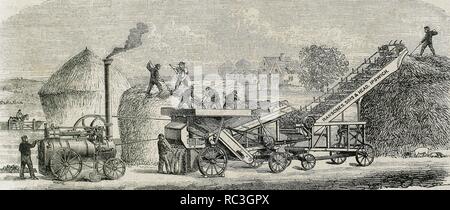 Threshing machine with steam. Industrial Revolution. Engraving. 19th c. Stock Photo