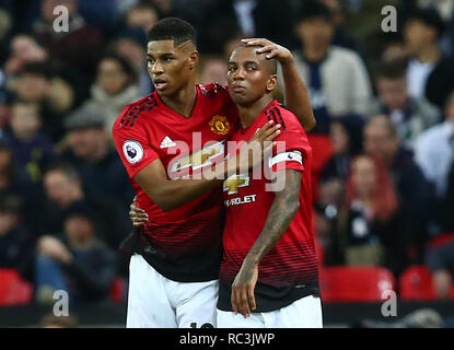 London, UK. 13th Janury 2019.  Manchester United's Marcus Rashford celebrates scoring his sides first goal with Manchester United's Ashley Young during during English Premier League  between Tottenham Hotspur and Manchester United at Wembley stadium , London, England on 13 Jan 2019 Credit Action Foto Sport  FA Premier League and Football League images are subject to DataCo Licence. Editorial use ONLY. No print sales. No personal use sales. NO UNPAID USE Credit: Action Foto Sport/Alamy Live News Stock Photo