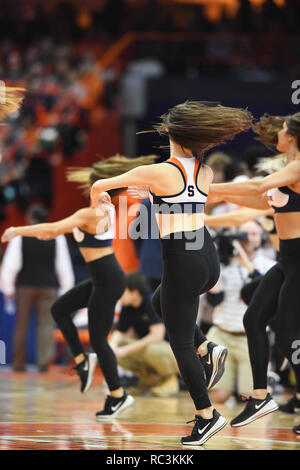 Syracuse, NY, USA. 12th Jan, 2019. Syracuse cheerleaders entertain the crowd during the first half of play. Georgia Tech defeated Syracuse 73-59 at the Carrier Dome in Syracuse, NY. Photo by Alan Schwartz/Cal Sport Media/Alamy Live News Stock Photo