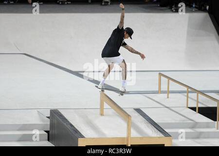 RJ - Rio de Janeiro - 01/13/2019 - World Championship SLS World Championship in Rio de Janeiro - Finals - Nyjah Huston competitor performs maneuver during women's final of the Brazilian stage of the Street League World Championship, held at Arena Carioca 1, Barra da Tijuca West Zone of Rio de Janeiro. Rio receives until Sunday stage of the Street League, the largest Skateboard Street championship in the world. The sport gained importance in the national sports arena after it became an Olympic sport. Photo: Thiago Ribeiro / AGIF Stock Photo