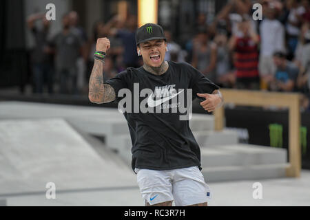 RJ - Rio de Janeiro - 01/13/2019 - World Championship SLS World Championship in Rio de Janeiro - Finals - Nyjah Huston competitor performs maneuver during the men's final of the Brazilian stage of the Street League World Championship, held at Arena Carioca 1, Barra da Tijuca West Zone of Rio de Janeiro. Rio receives until Sunday stage of the Street League, the largest Skateboard Street championship in the world. The sport gained importance in the national sports arena after it became an Olympic sport. Photo: Thiago Ribeiro / AGIF Stock Photo