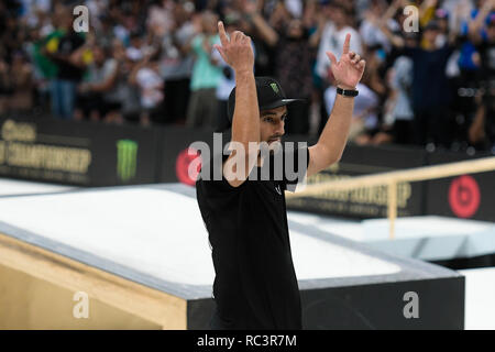 RJ - Rio de Janeiro - 01/13/2019 - World Championship SLS World Championship in Rio de Janeiro - Finals - Kelvin Hoefler competitor performs maneuver during the men's final of the Brazilian stage of the Street League World Championship, held at Arena Carioca 1, Barra da Tijuca West Zone of Rio de Janeiro. Rio receives until Sunday stage of the Street League, the largest Skateboard Street championship in the world. The sport gained importance in the national sports arena after it became an Olympic sport. Photo: Thiago Ribeiro / AGIF Stock Photo