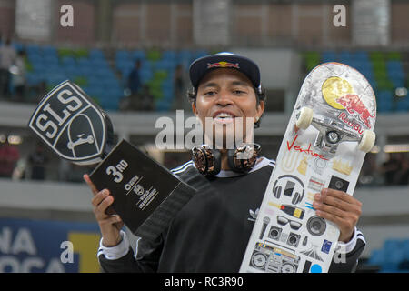RJ - Rio de Janeiro - 01/13/2019 - SLS World Championship of World Skate in Rio de Janeiro - Finals - Felipe Gustavo third place contender during the men's final of the Brazilian stage of the Street League World Championship, held at Arena Carioca 1, Barra da Tijuca West Zone of Rio de Janeiro. Rio receives until Sunday stage of the Street League, the largest Skateboard Street championship in the world. The sport gained importance in the national sports arena after it became an Olympic sport. Photo: Thiago Ribeiro / AGIF Stock Photo