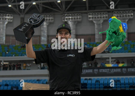 RJ - Rio de Janeiro - 01/13/2019 - SLS World Championship of World Skate in Rio de Janeiro - Finals - Kelvin Hoefler competitor placed second in the men's final of the Brazilian stage of the Street League World Championship, held at Arena Carioca 1, Barra da Tijuca West Zone of Rio de Janeiro. Rio receives until Sunday stage of the Street League, the largest Skateboard Street championship in the world. The sport gained importance in the national sports arena after it became an Olympic sport. Photo: Thiago Ribeiro / AGIF Stock Photo