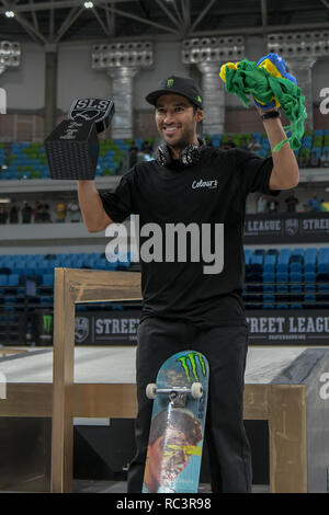 RJ - Rio de Janeiro - 01/13/2019 - SLS World Championship of World Skate in Rio de Janeiro - Finals - Kelvin Hoefler competitor placed second in the men's final of the Brazilian stage of the Street League World Championship, held at Arena Carioca 1, Barra da Tijuca West Zone of Rio de Janeiro. Rio receives until Sunday stage of the Street League, the largest Skateboard Street championship in the world. The sport gained importance in the national sports arena after it became an Olympic sport. Photo: Thiago Ribeiro / AGIF Stock Photo
