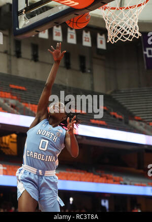Syracuse, New York, USA. 13th Jan, 2019. January 13, 2019 : North Carolina's Shayla Bennett (5) goes for an easy layup during the NCAA basketball matchup between the Syracuse Orangewomen and University of North Carolina Lady Tar Heels at the Carrier Dome in Syracuse, New York. Syracuse leads the first half over North Carolina 56-37. Nick Serrata/Eclipse Sportswire/CSM/Alamy Live News Stock Photo