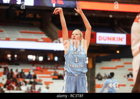 Syracuse, New York, USA. 13th Jan, 2019. January 13, 2019 : North Carolina's Taylor Koenen (1) watched her foul shot during the NCAA basketball matchup between the Syracuse Orangewomen and University of North Carolina Lady Tar Heels at the Carrier Dome in Syracuse, New York. Syracuse leads the first half over North Carolina 56-37. Nick Serrata/Eclipse Sportswire/CSM/Alamy Live News Stock Photo
