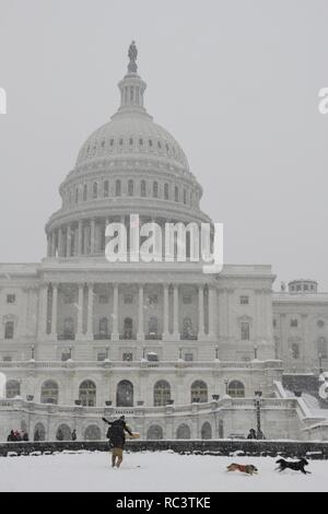 Washington, USA. 13th Jan, 2019. The Capitol Hill is seen in snow in Washington, DC, the United States, on Jan. 13, 2019. Credit: Liu Jie/Xinhua/Alamy Live News Stock Photo