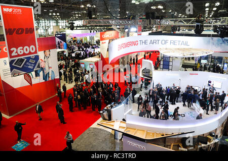 New York, USA. 13th Jan, 2019. People visit the National Retail Federation (NRF)'s 108th annual Retail's big Show & Expo in New York, the United States, Jan. 13, 2019. The three-day NRF 2019: Retail's big Show & Expo, one of the largest of its kind, kicked off here on Sunday, where 792 exhibitors from around world brings latest technology, products and innovations for retail industry. Credit: Wang Ying/Xinhua/Alamy Live News Stock Photo