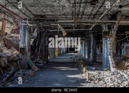 Detroit, USA. 13th Jan, 2019. The former production hall of the car manufacturer 'Fisher' is completely dilapidated and partly in danger of collapsing. With the decline of the car industry, the social problems of the city also grew. Credit: Boris Roessler/dpa/Alamy Live News Stock Photo