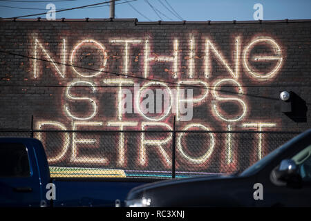Detroit, USA. 13th Jan, 2019. 'Nothing stops Detroit' is written on a facade. With the decline of the car industry, the social problems of the city also grew. Credit: Boris Roessler/dpa/Alamy Live News Stock Photo