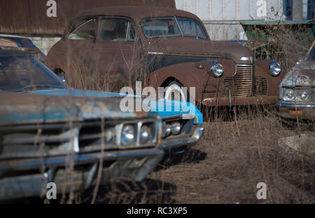 Detroit, USA. 13th Jan, 2019. Cars rust on the premises of a scrap and used car dealer. With the decline of the car industry, the social problems of the city also grew. Credit: Boris Roessler/dpa/Alamy Live News Stock Photo