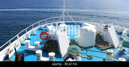 marine accessories on the deck of a ferry, on its way in the Mediterranean Sea Stock Photo