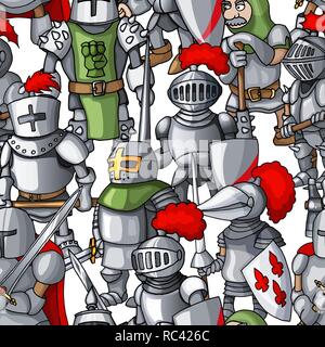 Medieval armored knights formation hand drawn seamless pattern, warriors weapons Stock Vector